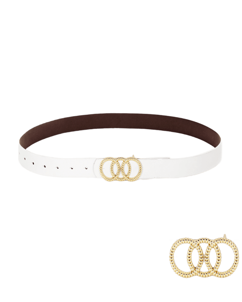 Front of a size One Size Three Round Buckle Belt White in White by Cocoboo. | dia_product_style_image_id:315115